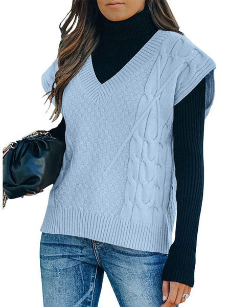 Women'S Slim Fit V-Neck Cable Knit Sleeveless Vest Sweater With Solid Color Casual Vest Jacket