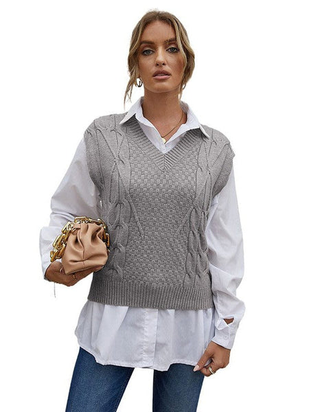 Women'S Slim Fit V-Neck Cable Knit Sleeveless Vest Sweater With Solid Color Casual Vest Jacket