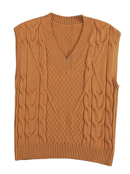 Women'S Slim Fit V-Neck Cable Knit Sleeveless Vest Sweater With Solid Color Casual Vest Jacket