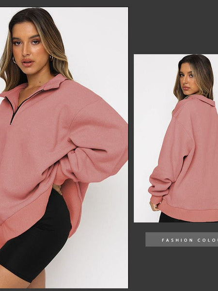 Solid Oversize Zipper Long Sleeve Pullover Basic Hoodie