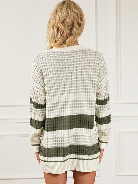 Women'S Striped Mid-Length Knit Cardigan In Contrast Colors
