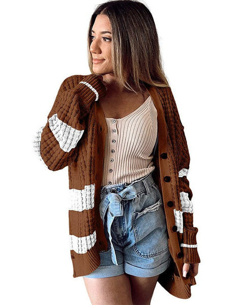 Women'S Striped Mid-Length Knit Cardigan In Contrast Colors
