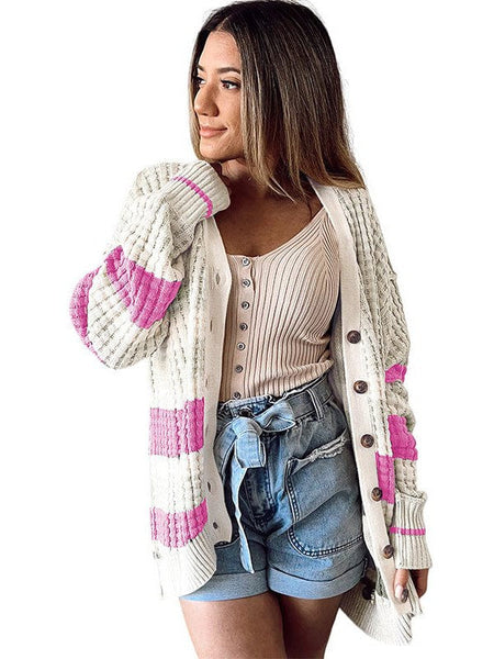Women'S Striped Mid-Length Knit Cardigan In Contrast Colors