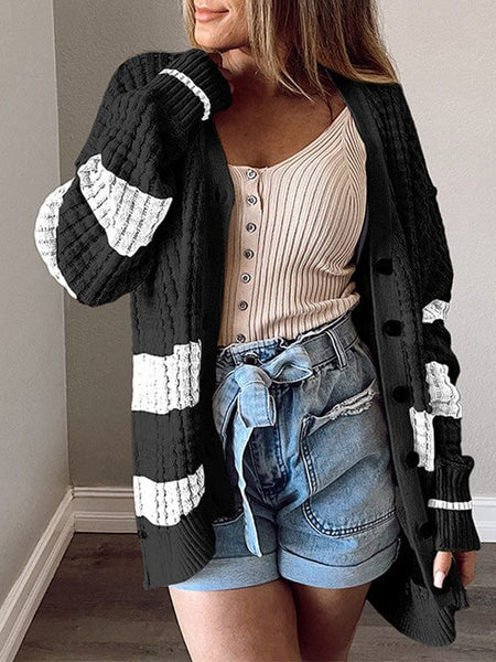 Women'S Striped Mid-Length Knit Cardigan In Contrast Colors