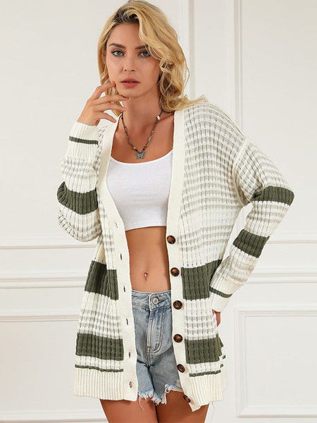 Women'S Striped Mid-Length Knit Cardigan In Contrast Colors