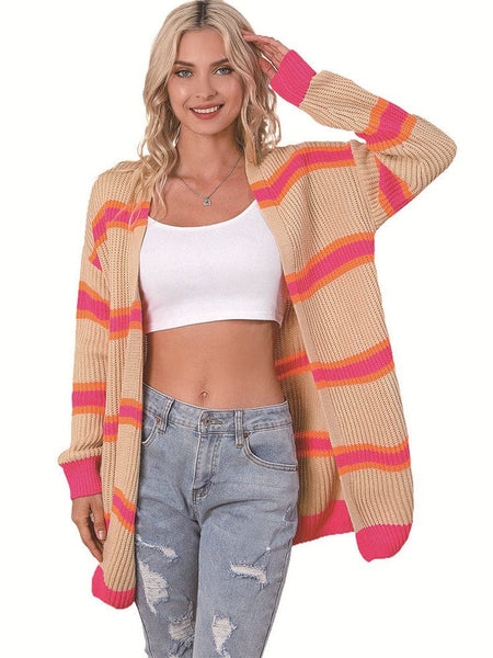 Women'S Striped Mid-Length Knit Cardigan In Contrast Colors