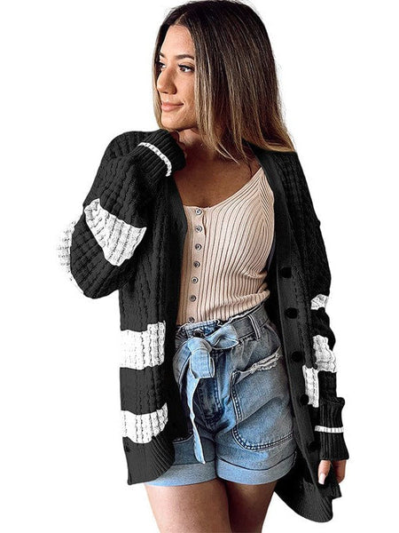 Women'S Striped Mid-Length Knit Cardigan In Contrast Colors