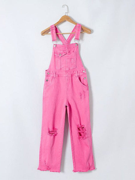 Women's Stylish Pink Ripped Long Overalls With High-Waisted Wide Leg Pants