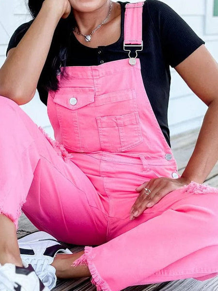 Women's Stylish Pink Ripped Long Overalls With High-Waisted Wide Leg Pants