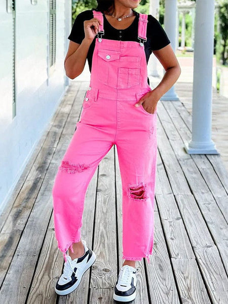 Women's Stylish Pink Ripped Long Overalls With High-Waisted Wide Leg Pants