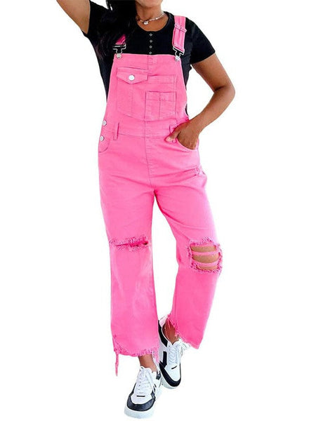 Women's Stylish Pink Ripped Long Overalls With High-Waisted Wide Leg Pants