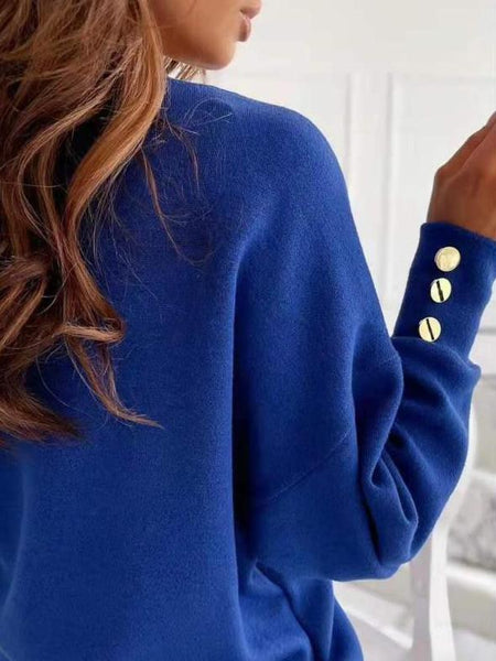 Cobalt Blue V-Neck Knit Sweater with Gold Button Cuffs with practical styling and dependable silhouette control.