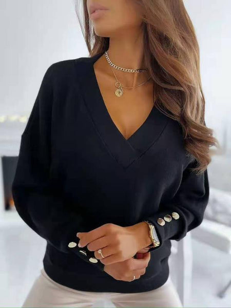 Cobalt Blue V-Neck Knit Sweater with Gold Button Cuffs with practical styling and dependable silhouette control.