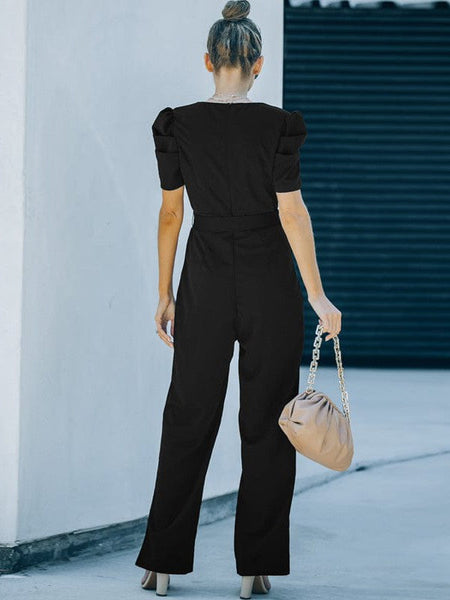 Women'S Twisted Silk V-Neck Jumpsuit With Flared Waist Trousers And Pockets
