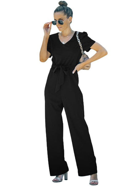 Women'S Twisted Silk V-Neck Jumpsuit With Flared Waist Trousers And Pockets