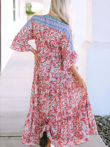 Fashion Print V Neck Long Sleeve Midi Dress