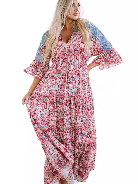 Fashion Print V Neck Long Sleeve Midi Dress