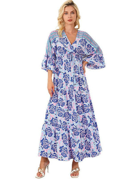 Fashion Print V Neck Long Sleeve Midi Dress