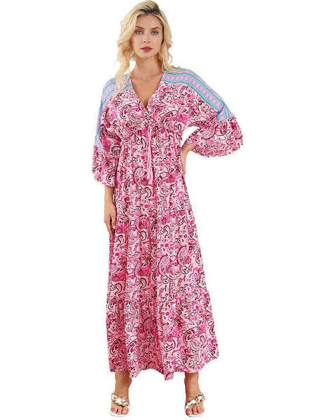 Fashion Print V Neck Long Sleeve Midi Dress