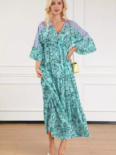 Fashion Print V Neck Long Sleeve Midi Dress