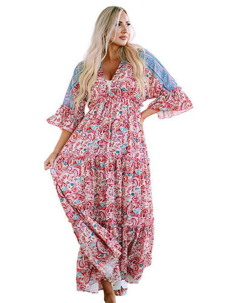 Fashion Print V Neck Long Sleeve Midi Dress