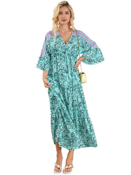 Fashion Print V Neck Long Sleeve Midi Dress