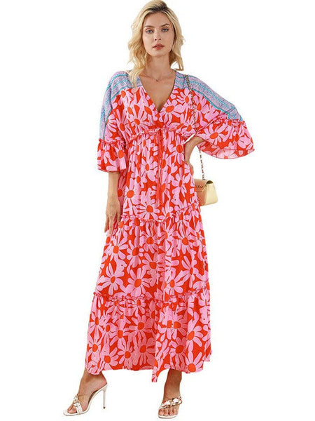 Fashion Print V Neck Long Sleeve Midi Dress