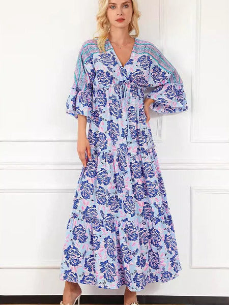 Fashion Print V Neck Long Sleeve Midi Dress