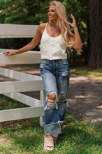 Women's 3D Floral Appliqué Knit Sweater Vest with Button Detail