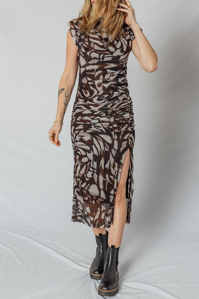 Women's Abstract Brown Mesh Midi Dress with Ruched Side Slit