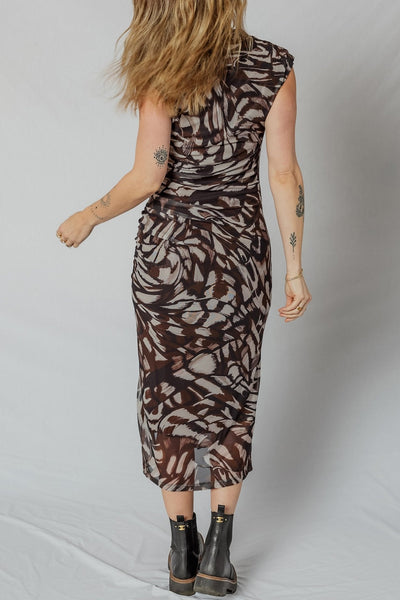 Women's Abstract Brown Mesh Midi Dress with Ruched Side Slit