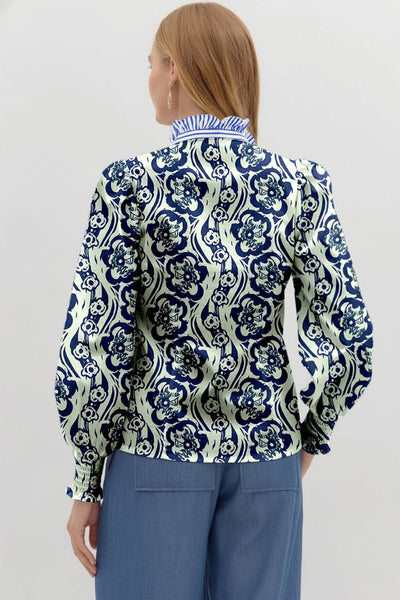 Women's Abstract Floral Cotton Blouse with Striped Ruffle Trim