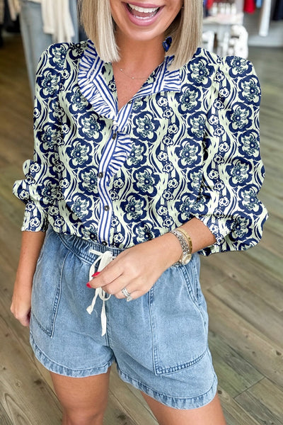 Women's Abstract Floral Cotton Blouse with Striped Ruffle Trim