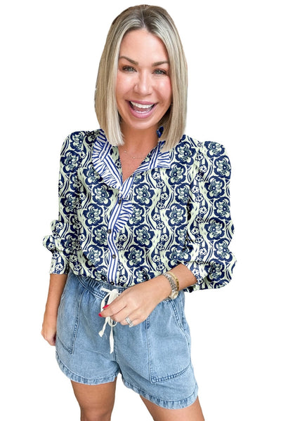 Women's Abstract Floral Cotton Blouse with Striped Ruffle Trim