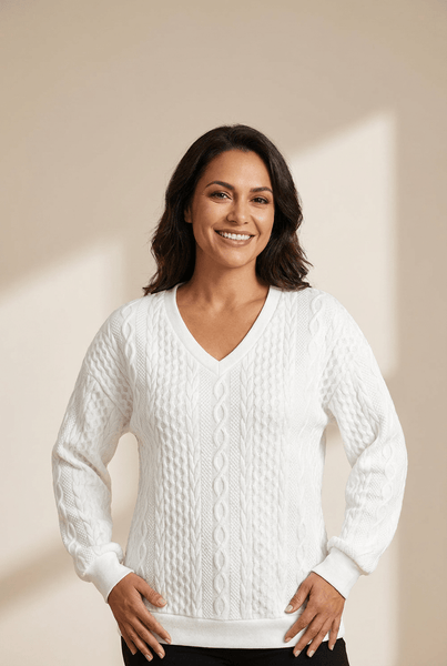 Women's Alabaster White Textured Cable-Knit V-Neck Top