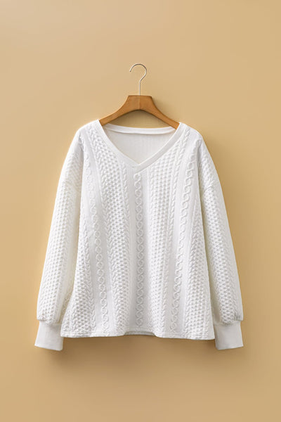 Women's Alabaster White Textured Cable-Knit V-Neck Top