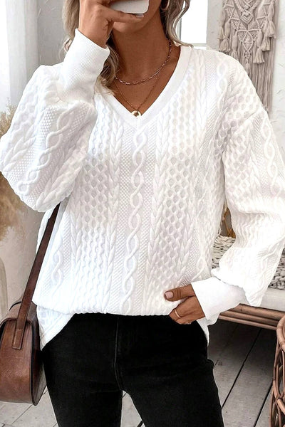 Women's Alabaster White Textured Cable-Knit V-Neck Top