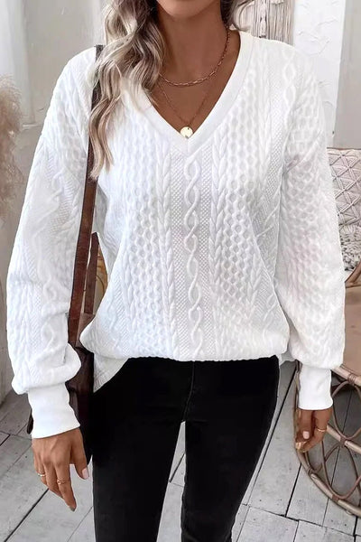 Women's Alabaster White Textured Cable-Knit V-Neck Top