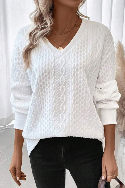 Women's Alabaster White Textured Cable-Knit V-Neck Top