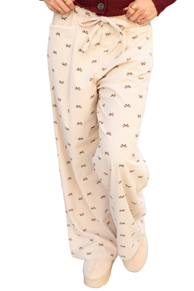 Women's Apricot Bow Print Corduroy Wide-Leg Pants with Drawstring