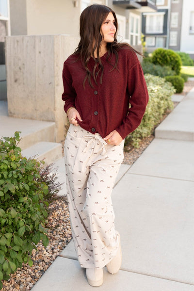 Women's Apricot Bow Print Corduroy Wide-Leg Pants with Drawstring