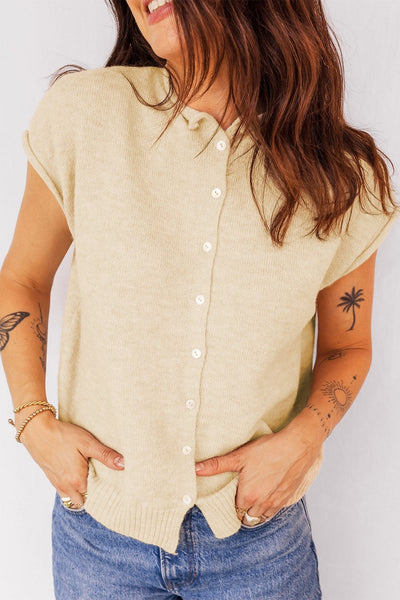 Women's Apricot Cap Sleeve Knit Sweater with Button Front