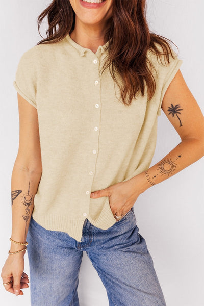 Women's Apricot Cap Sleeve Knit Sweater with Button Front