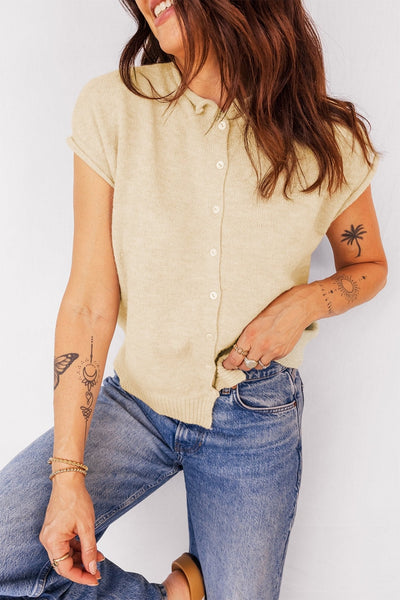 Women's Apricot Cap Sleeve Knit Sweater with Button Front