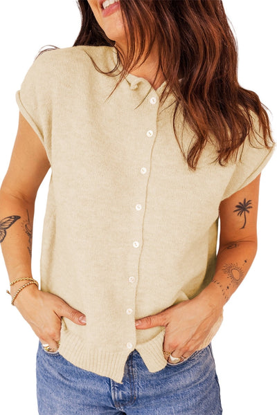 Women's Apricot Cap Sleeve Knit Sweater with Button Front