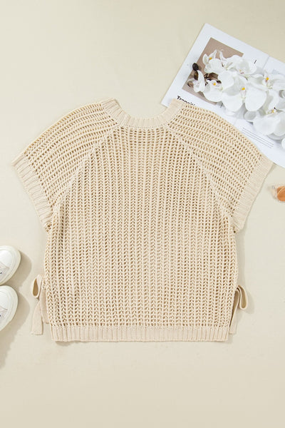 Women's Apricot Open Knit Short Sleeve Sweater with Side Bows
