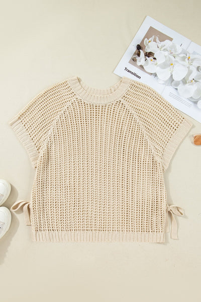 Women's Apricot Open Knit Short Sleeve Sweater with Side Bows