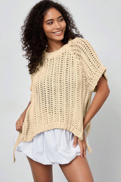 Women's Apricot Open Knit Short Sleeve Sweater with Side Bows