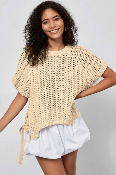 Women's Apricot Open Knit Short Sleeve Sweater with Side Bows
