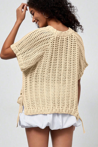 Women's Apricot Open Knit Short Sleeve Sweater with Side Bows